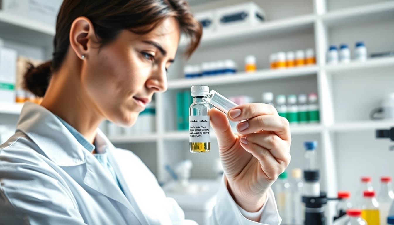 Researcher analyzing glutathione peptide in a professional lab environment.