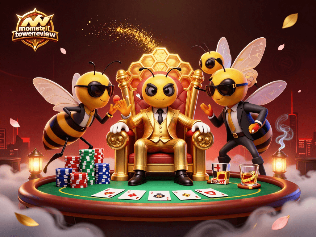 Engage in thrilling strategy with monstertowerreview as the cartoon mob boss leads in a vibrant poker scene.