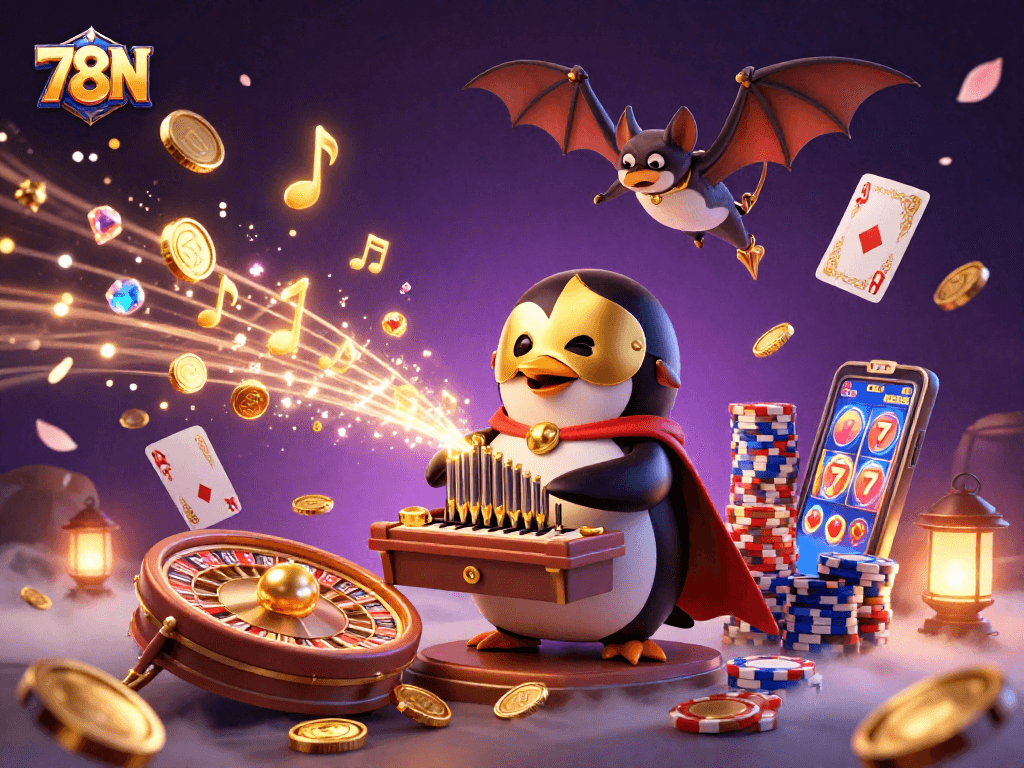 Visualize o 78N com um pinguim fantasma tocando órgão, moedas e notas musicais no ar