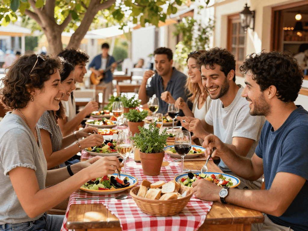 Best ensalada mixta near me served at a lively Mediterranean restaurant with fresh ingredients on colorful plates.