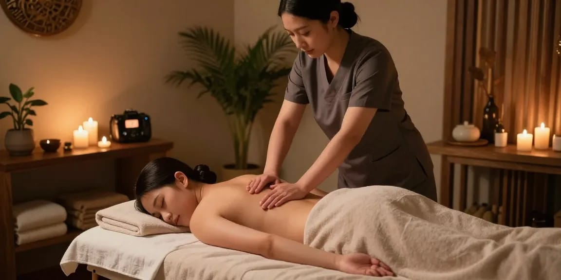 스웨디시 마사지 중인 모습, 편안한 분위기의 스파 환경에서 마사지 치료사가 고객에게 마사지를 제공하는 장면
