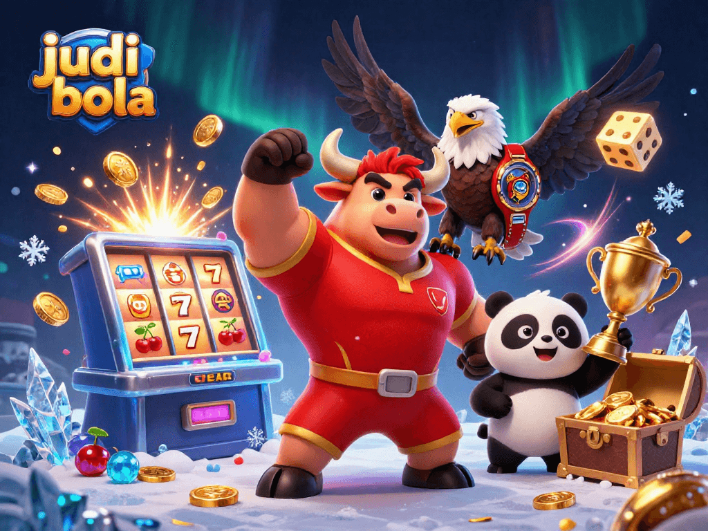 A dynamic scene of judi bola action featuring a victorious bull, eagle, and panda with casino symbols.
