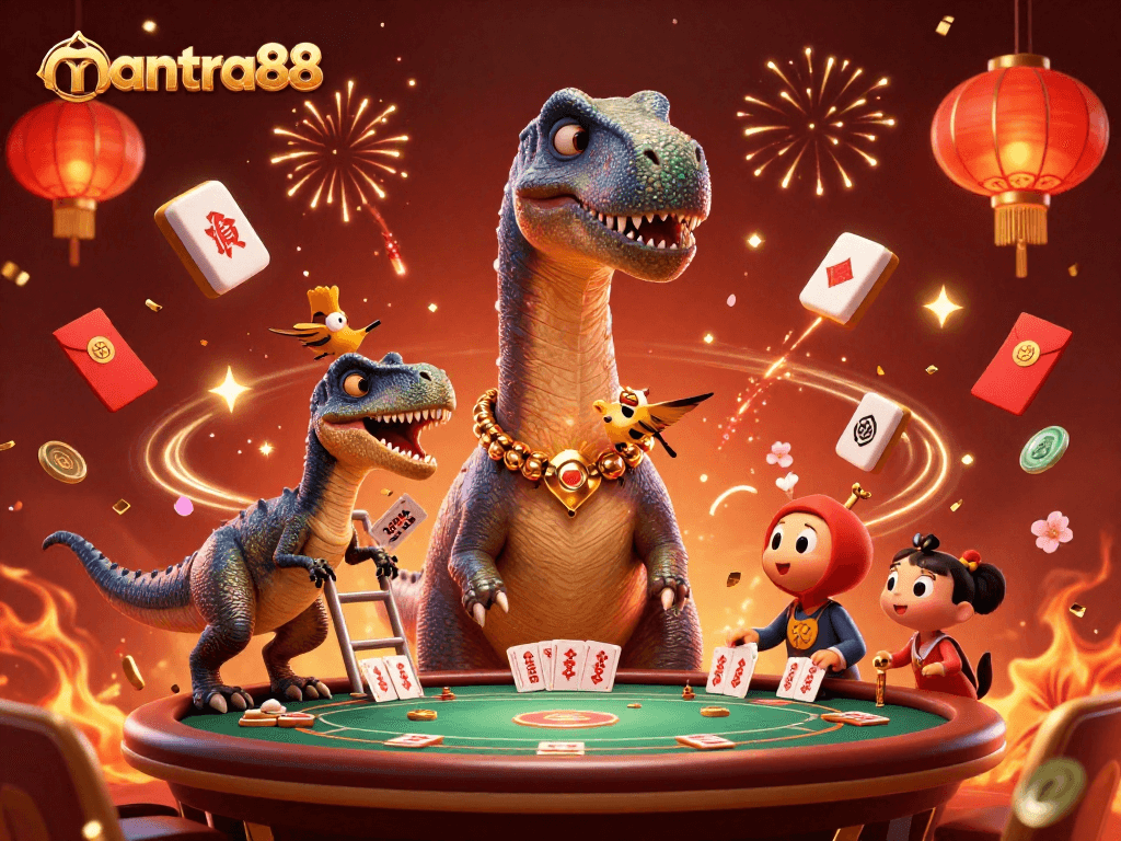 Experience mantra88 casino excitement with a colossal brontosaurus and clever raptor at a vibrant poker table.