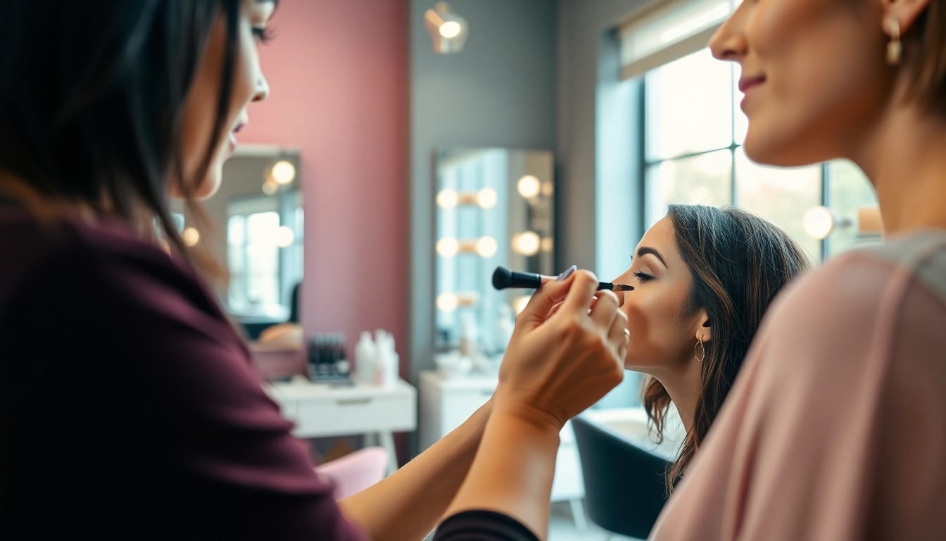 Trucco personalizzato applicato da un truccatore professionista in un salone elegante.