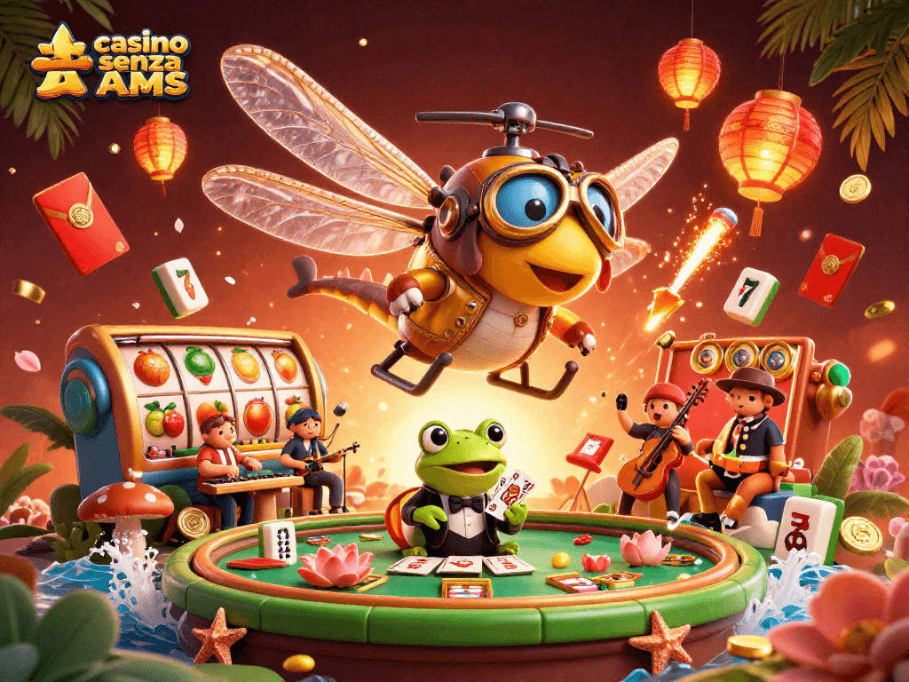 Gioca al casino senza AAMS con il nostro drago pilota e il croupier rana in un'illustrazione vivace.
