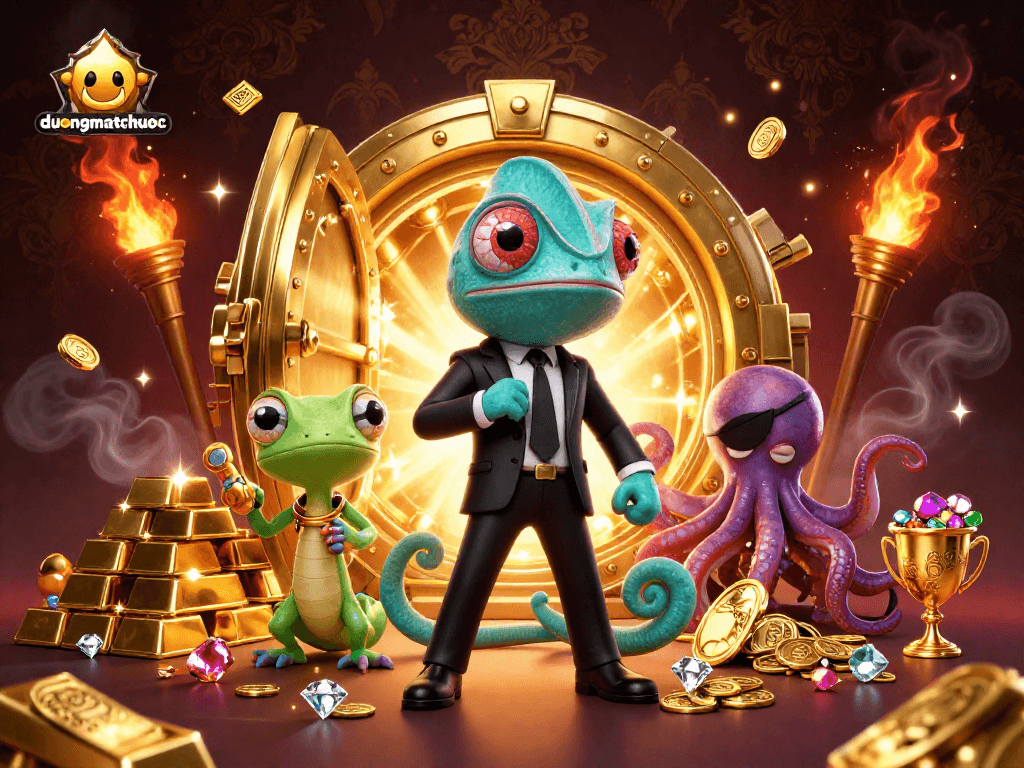 Engage with the duongmatchuoc experience, featuring vibrant 3D characters amidst a treasure-filled casino setting.