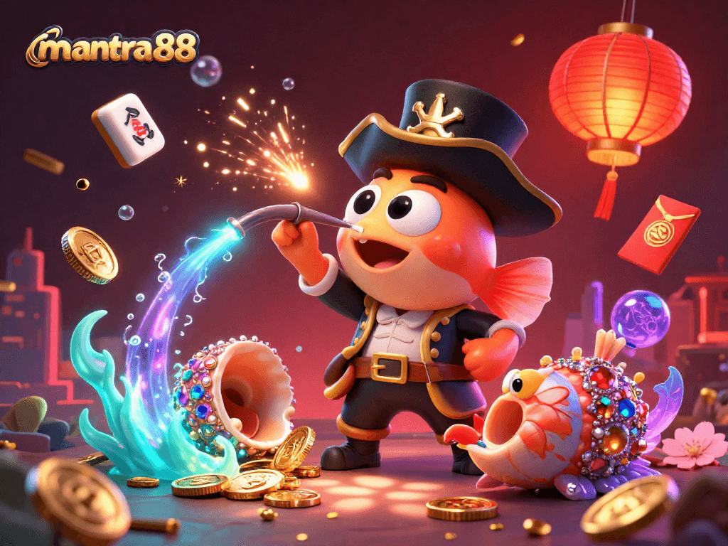 Engage in mantra88's vibrant 3D casino scene with glowing coins and sea-themed characters.