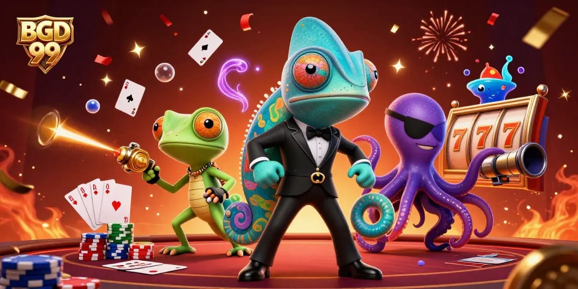 BGD 99 showcases thrilling poker action with a vibrant chameleon and friends in an exciting casino scene.
