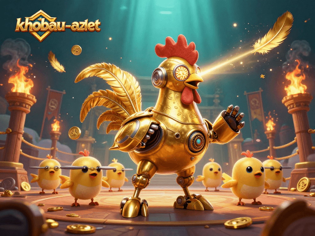 Engage in the thrilling khobau-aztec experience with a golden rooster robot and baby chick drones, amidst gold coins and dynamic gambling symbols.