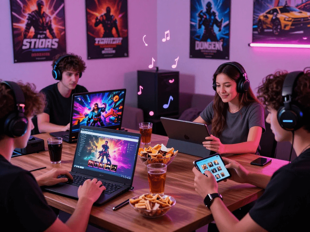 Players engaging in various porn games on different devices in a vibrant gaming environment.