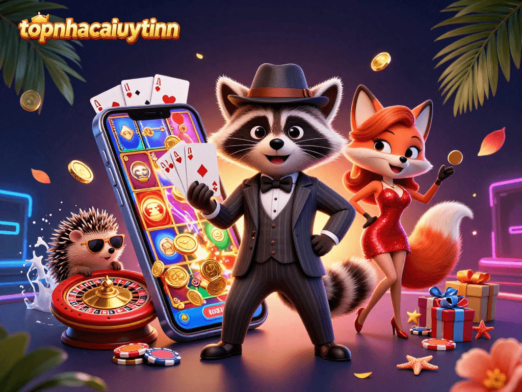 Win big with topnhacaiuytinn while enjoying a vibrant 3D casino adventure scene featuring casino characters and game elements.