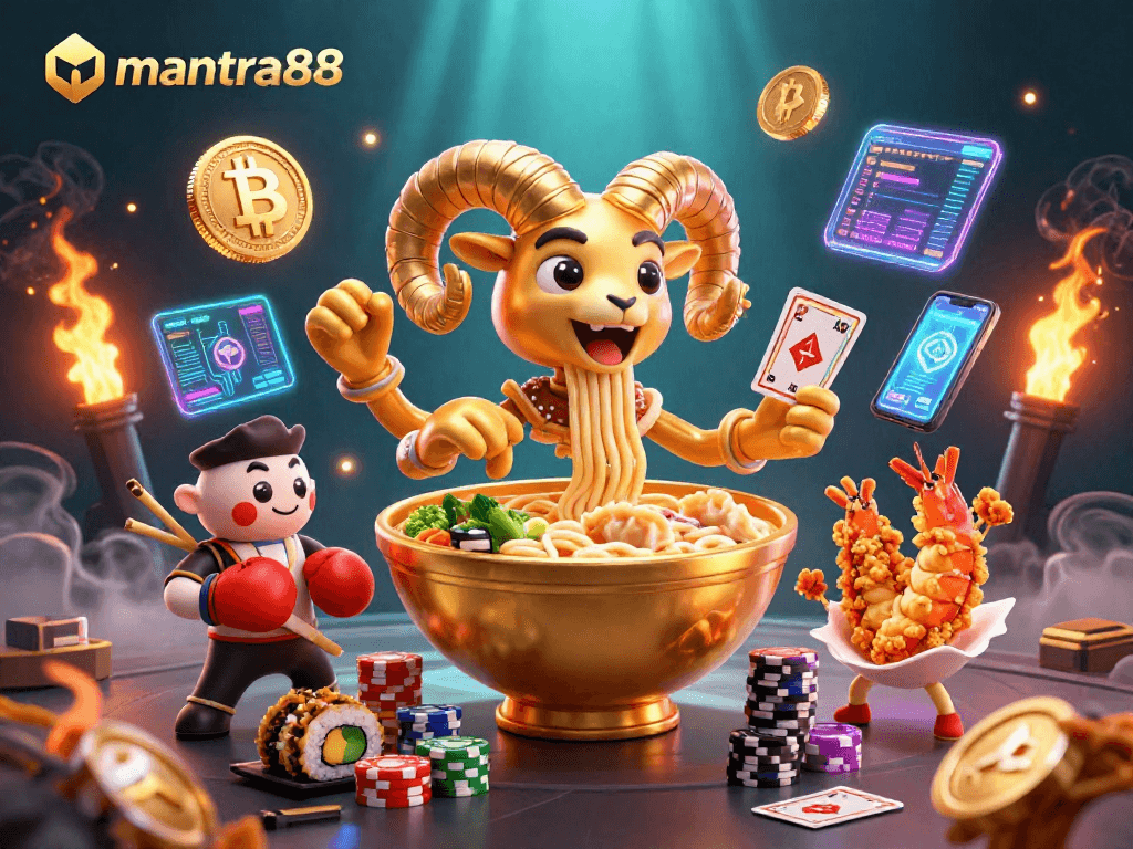 Experience mantra88’s vibrant casino energy with a golden ramen bowl dealer and sushi companions