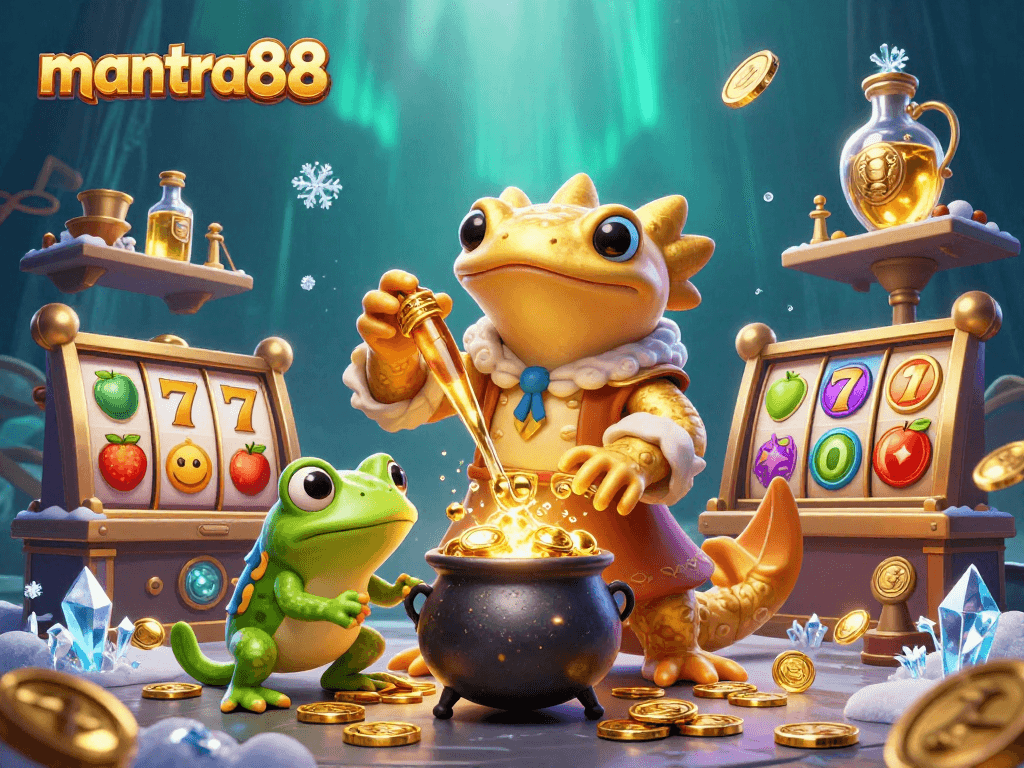 Experience mantra88's thrilling slot gaming with golden coins and vibrant symbols in this dynamic scene.