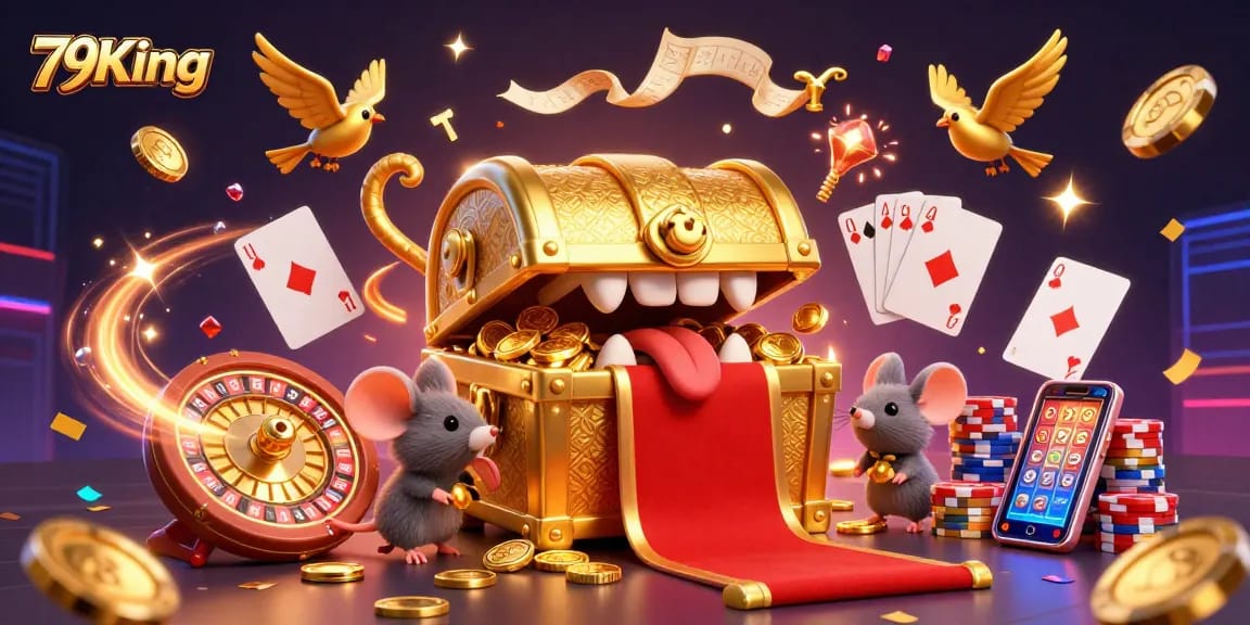 79King enchants players with colorful treasure scenes amidst cascading coins and vibrant gems in this casino adventure.