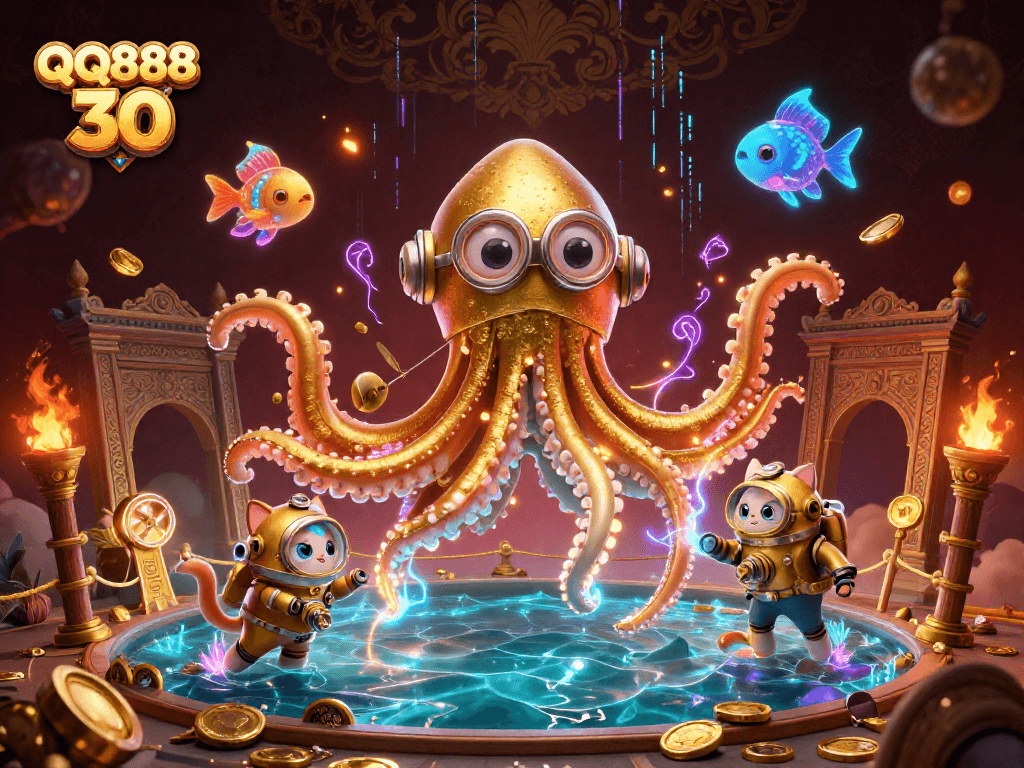 Engage with QQ888 30 in a vibrant, immersive casino atmosphere featuring a colossal kraken and bioluminescent fish.