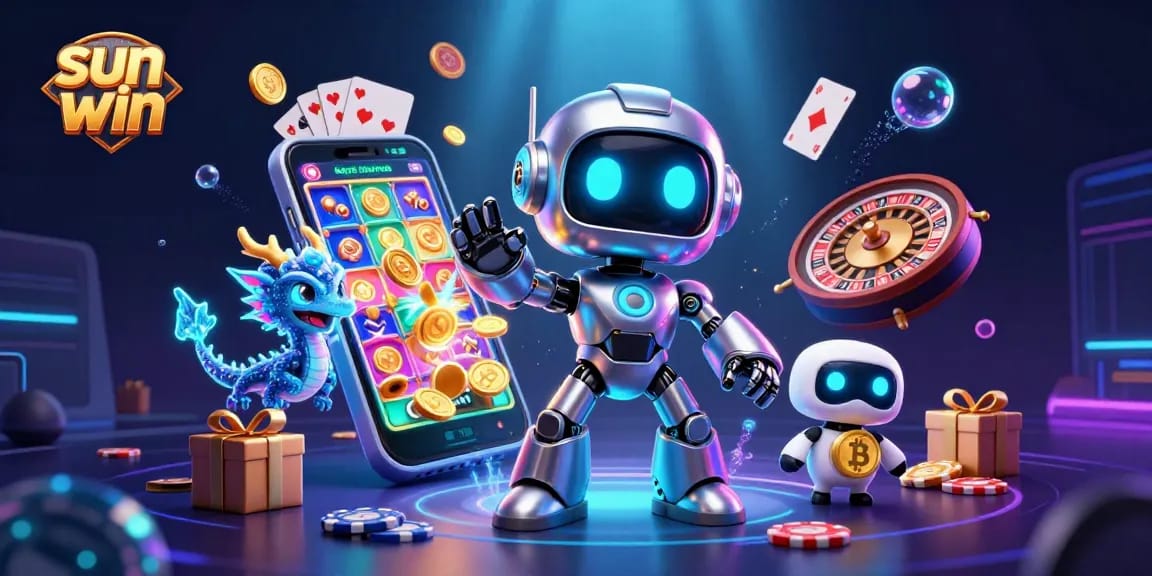 Experience the excitement of sun win at this vibrant online casino illustration featuring a cyberpunk mascot.