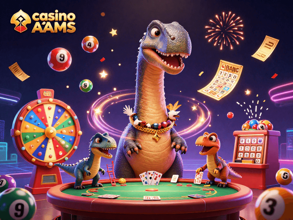 Gioca nei migliori casino senza AAMS mentre il brontosauro osserva dall'alto e un raptor distribuisce carte.