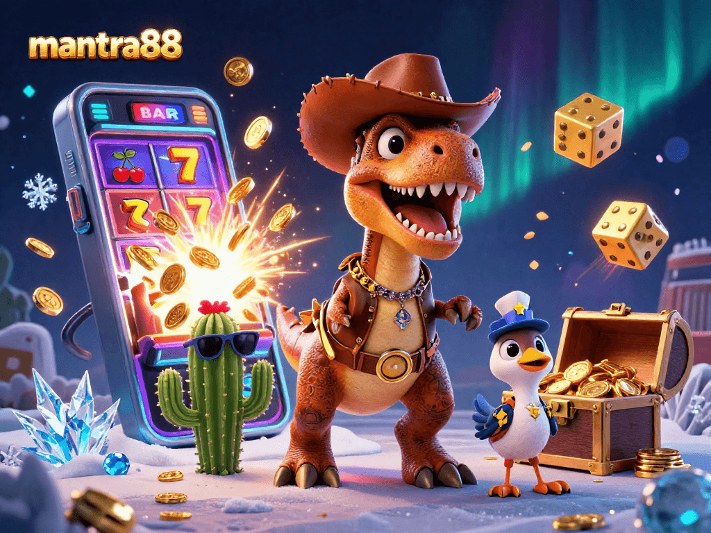 Engage with thrilling slots at mantra88, featuring a stunning T-Rex dinosaur jackpot scene with vibrant visuals.
