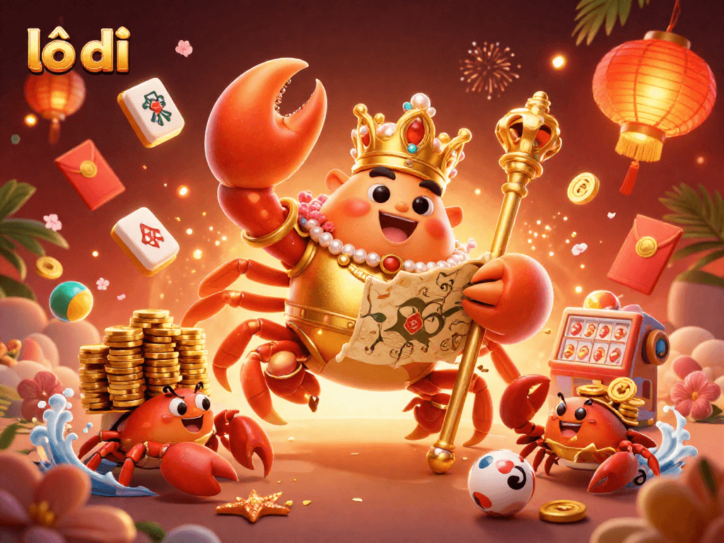Experience lô đề excitement with a massive golden crab emperor surrounded by fortune symbols and vibrant casino elements.