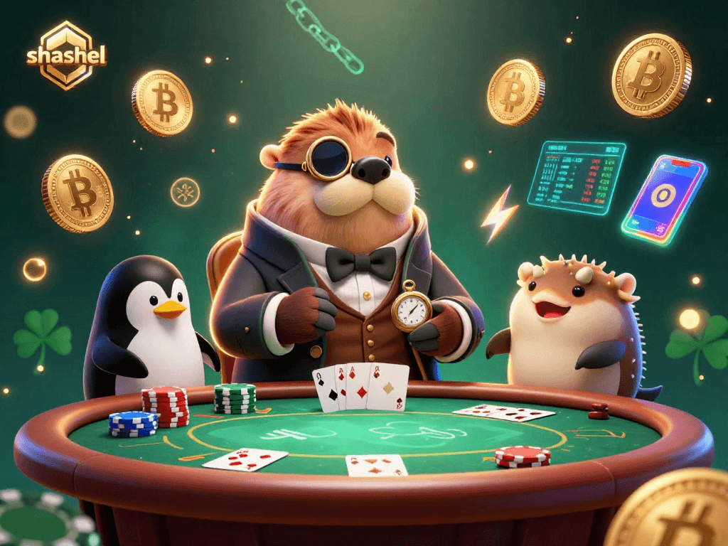 Engage in thrilling poker gameplay with shashel's colorful underwater poker scene and crypto elements.