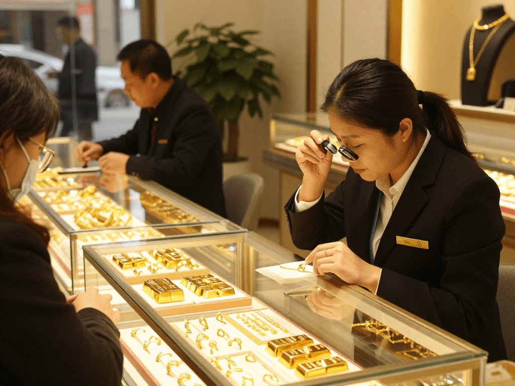 Showcasing mantra88 jewelry in a luxurious gold store, featuring 24K and 22K pieces under warm afternoon light.