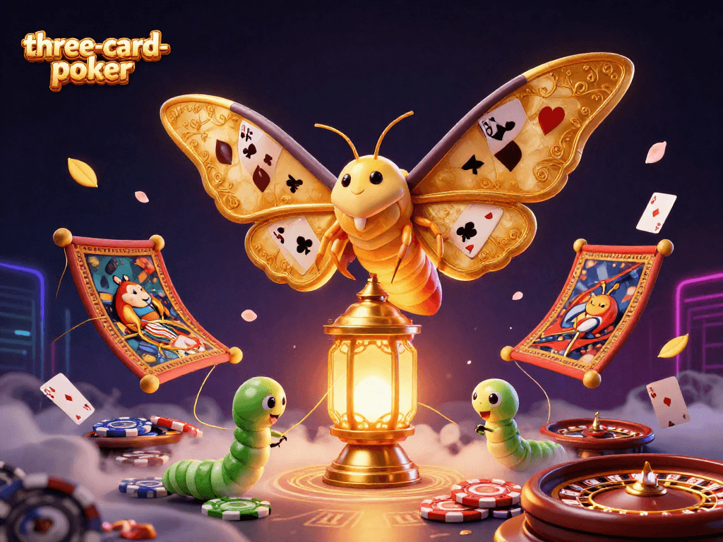 Experience three-card-poker as the majestic moth symbolically represents various card suits, capturing the essence of the game.