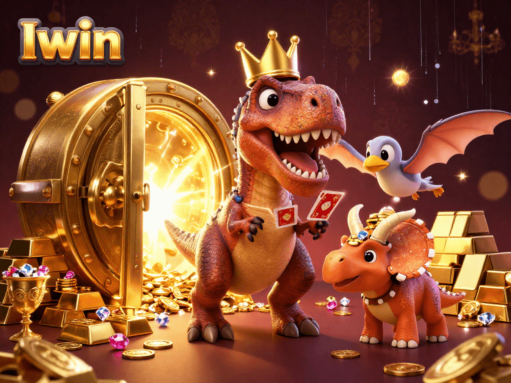 Iwin T-Rex shuffling cards while a pterodactyl assists amidst golden casino treasures