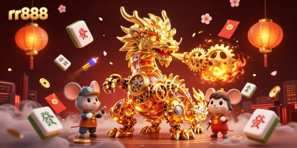 rr888 winning with a golden dragon and vibrant casino elements captivating players in a dynamic illustration.