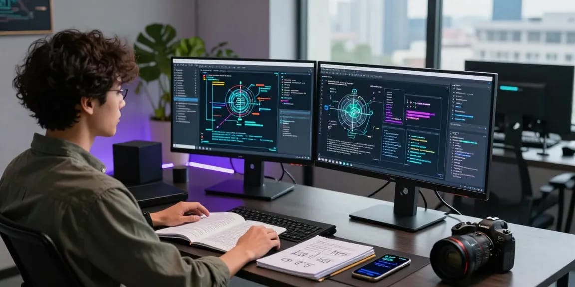 AI 18+ developer working on advanced machine learning models in a tech-forward workspace filled with coding tools.