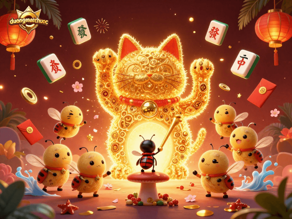 Immerse in the vibrant, animated world of duongmatchuoc, where a lucky cat symbolically waves amidst casino elements.