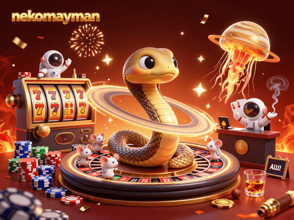 Experience the excitement of nekomayman with dynamic slot reels and vibrant casino elements.