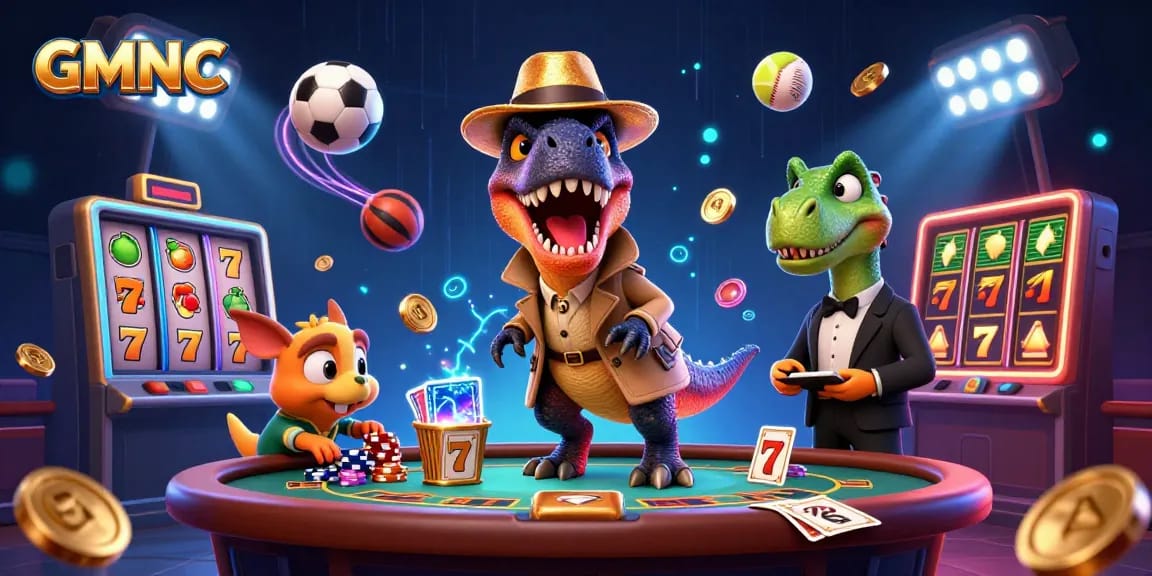 GMNC showcases a velociraptor card counter at a blackjack table surrounded by dramatic casino elements.