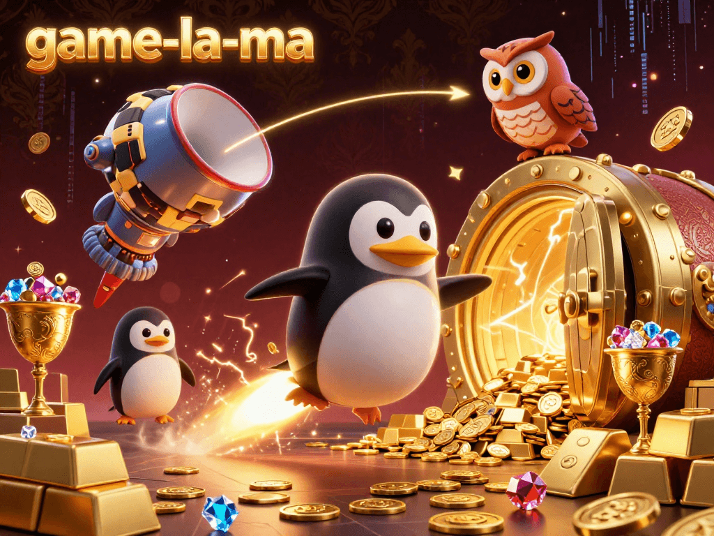 Win big with game-la-ma's adventurous golden penguin at the dynamic casino space station.