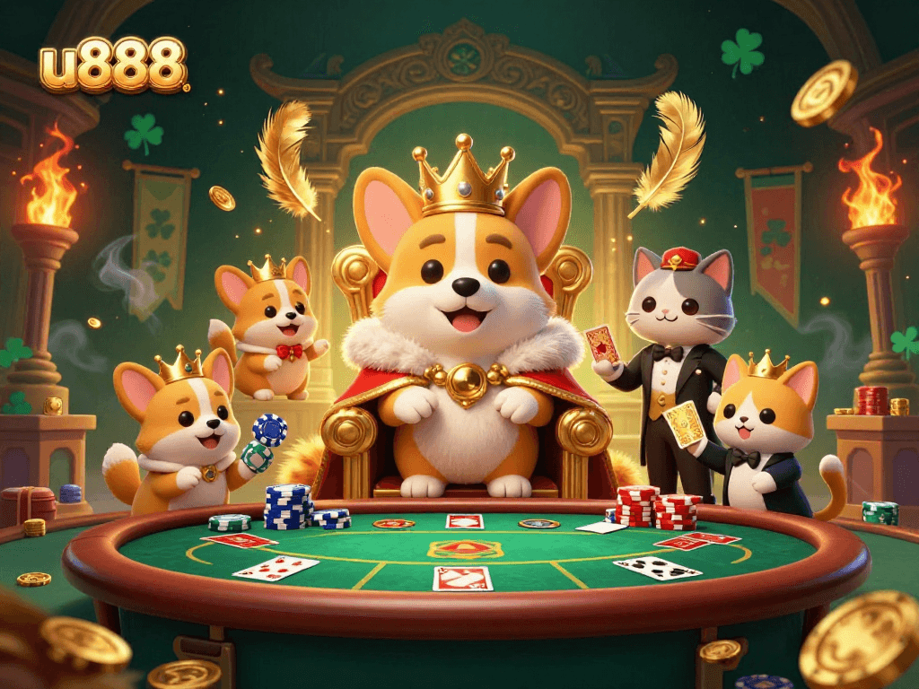 Experience the excitement at u888 with an illustrated royal corgi gambling scene, showcasing vibrant casino elements.