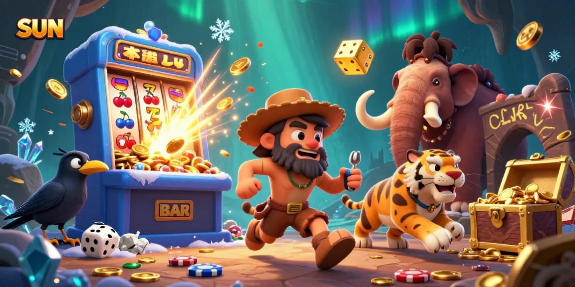 Sun-themed illustration of a lively prehistoric casino with vibrant game elements and characters.