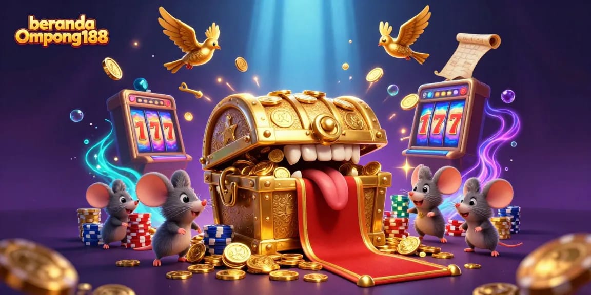 Gambaran beranda Ompong188 yang memikat dengan peti harta emas dan simbol slot keberuntungan.