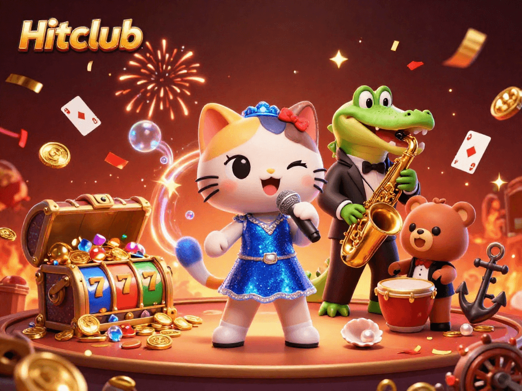 Engage with Hitclub's exciting atmosphere featuring a jazzy lioness and iconic casino elements.