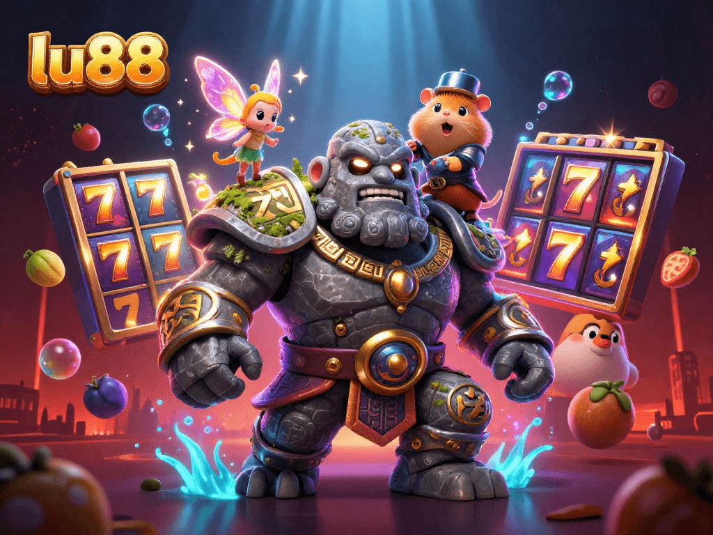 Experience thrilling wins at lu88 with vivid slot reels, bright jackpot counters, and animated characters in a captivating casino scene.