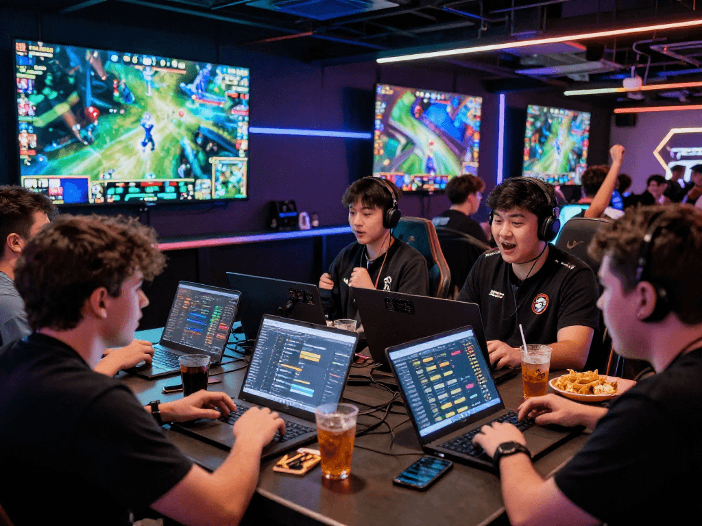 Experience the thrill of 롤배팅 in an esports arena with enthusiastic bettors watching a live match.