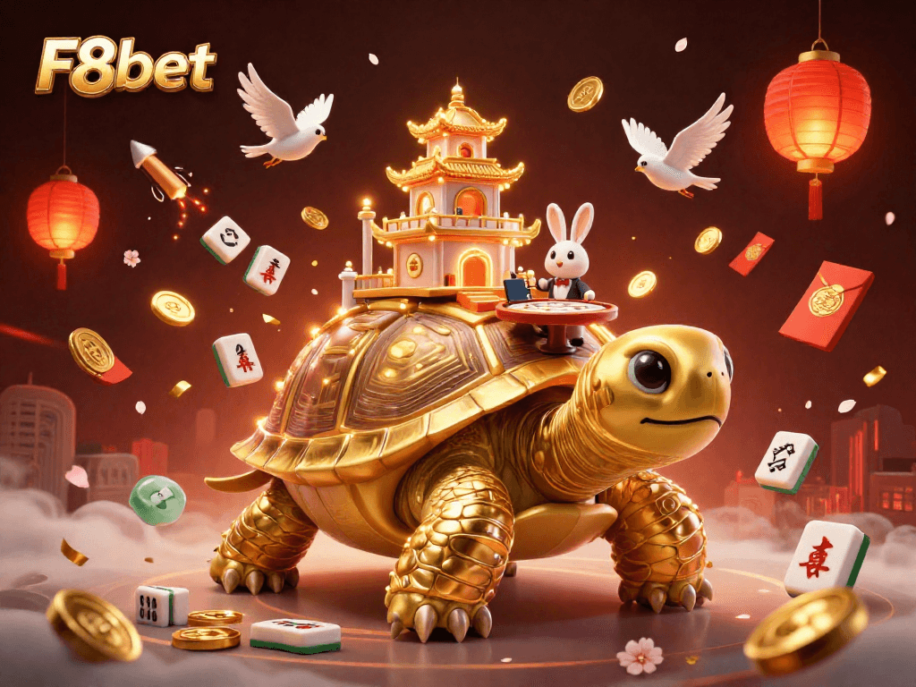 Engage in vibrant gaming at F8bet with a golden tortoise casino scene featuring a rabbit dealer and festive elements.