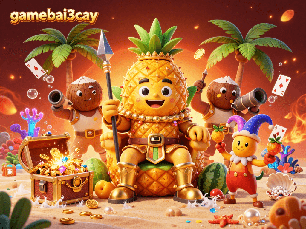 Experience gamebai3cay in this vibrant 3D illustration with a pineapple king and dynamic casino elements.