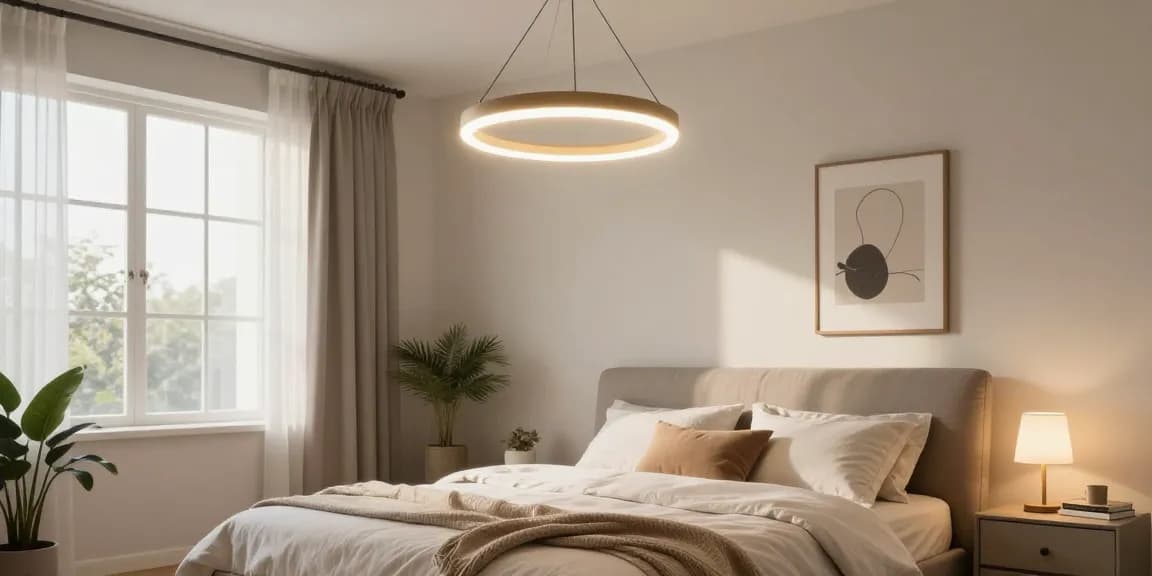 Lustra dormitor modernă cu design elegant și atmosferă relaxantă în cameră.