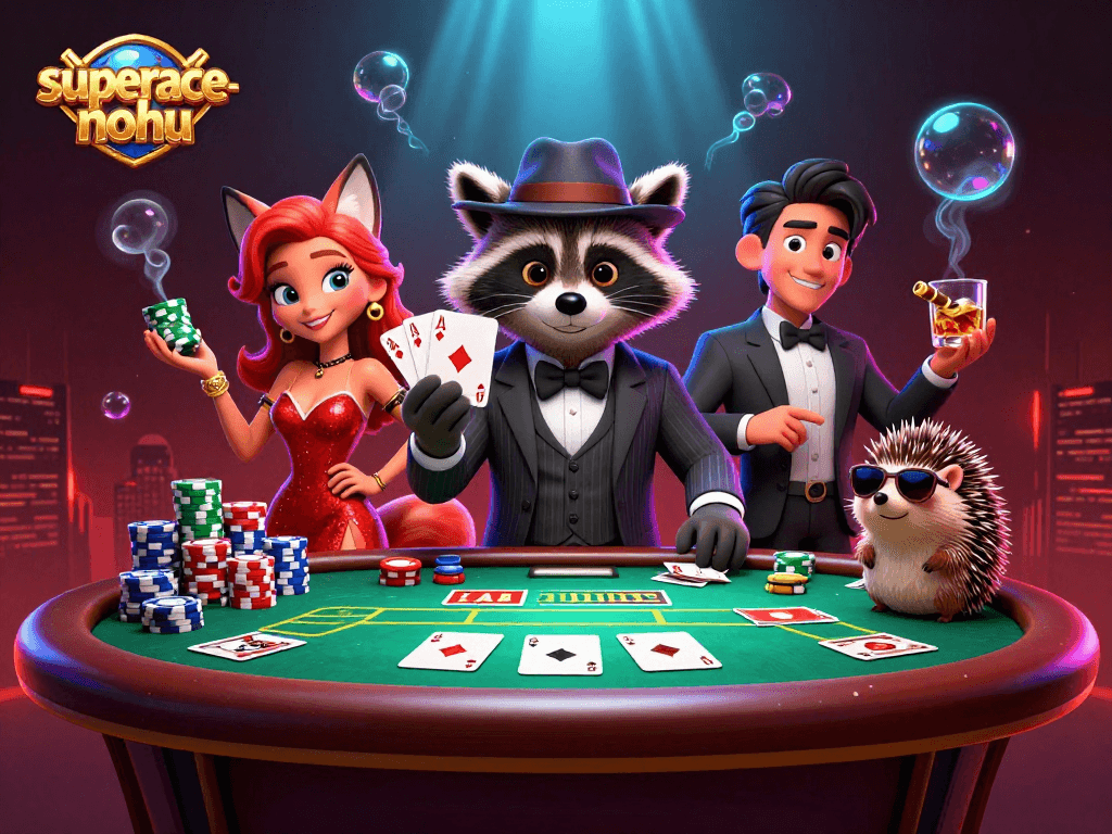 Play exciting hands and win big with superace-nohu at the poker table, featuring vibrant characters and action.