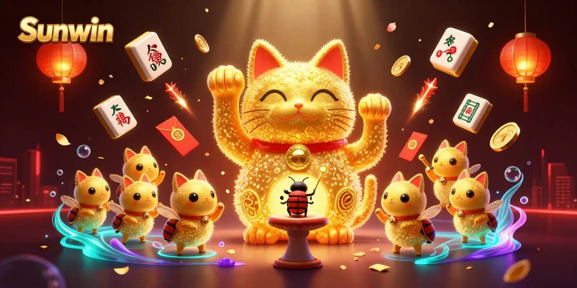 Experience the excitement of Sunwin with a lucky cat design and vibrant casino elements.
