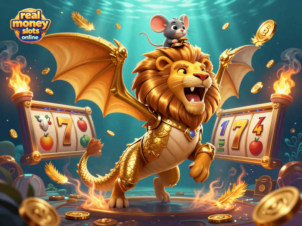 Experience real money slots online with a roaring chimera, gold coins, and dynamic slot game elements in this captivating 3D scene.