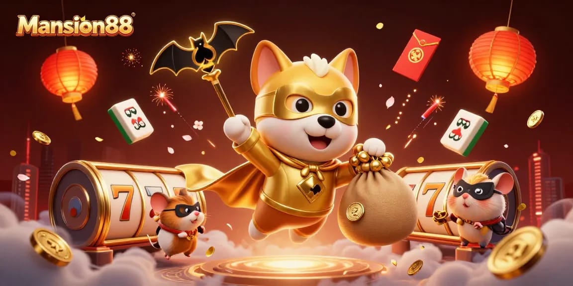 Mansion88 offers thrilling slot experiences as a superhero dog flies with gold coins amidst festive casino elements.