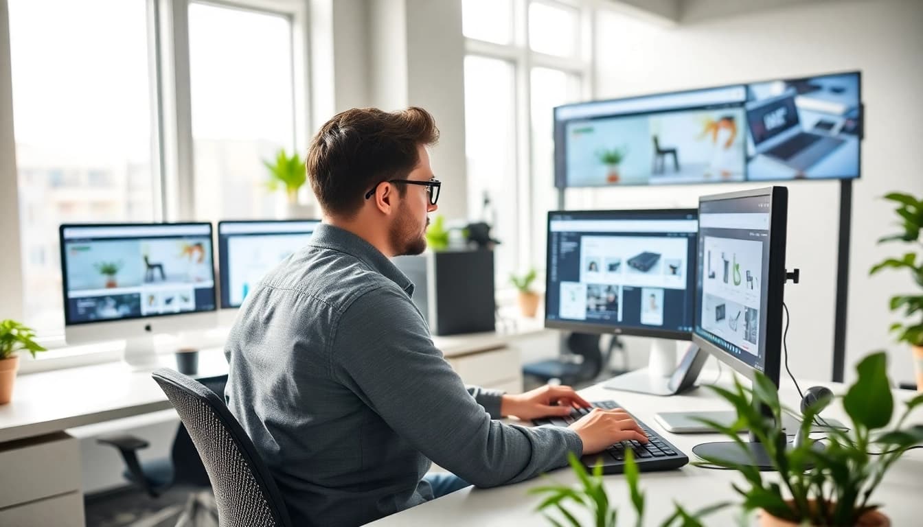Showcasing Shopify website development services through a professional web developer in a modern workspace.