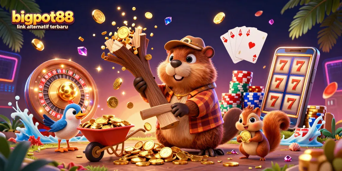 bigpot88 link alternatif terbaru menampilkan ilustrasi kasino dengan beaver penebang pohon yang menghasilkan koin emas.