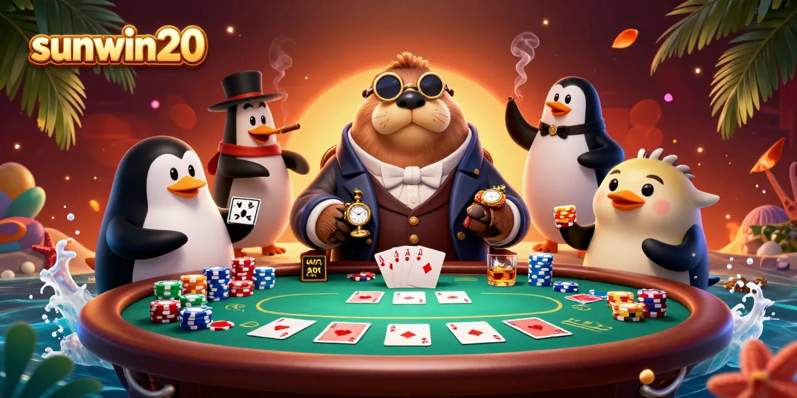 Join the fun with sunwin20 at a poker game with a walrus, penguin dealer, and bluffing pufferfish.