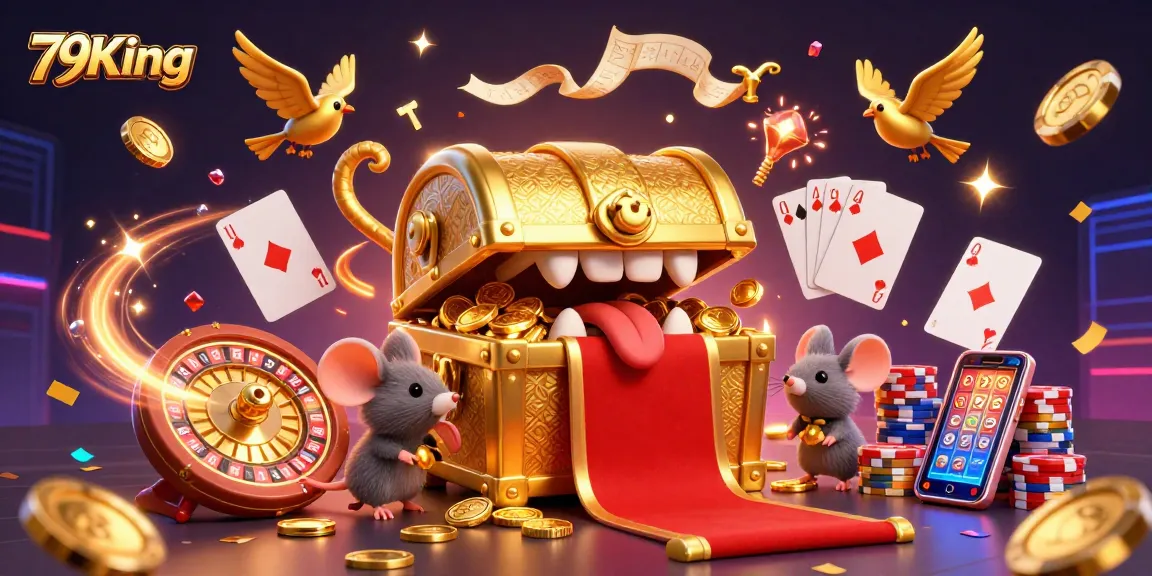 79King enchants players with colorful treasure scenes amidst cascading coins and vibrant gems in this casino adventure.